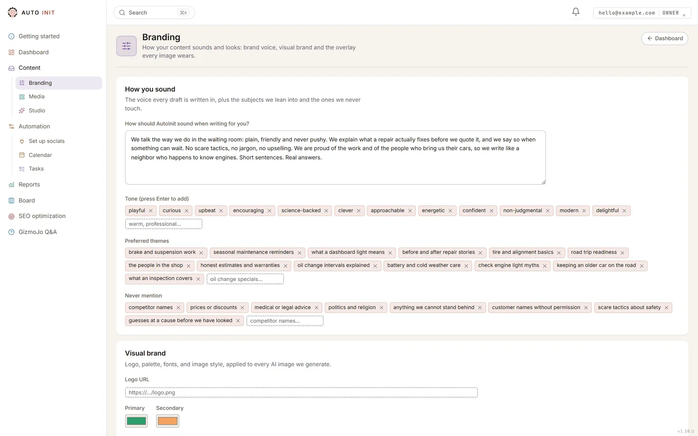 The Branding page in the AutoInit app: how you sound, the themes you lean into and the ones you never mention