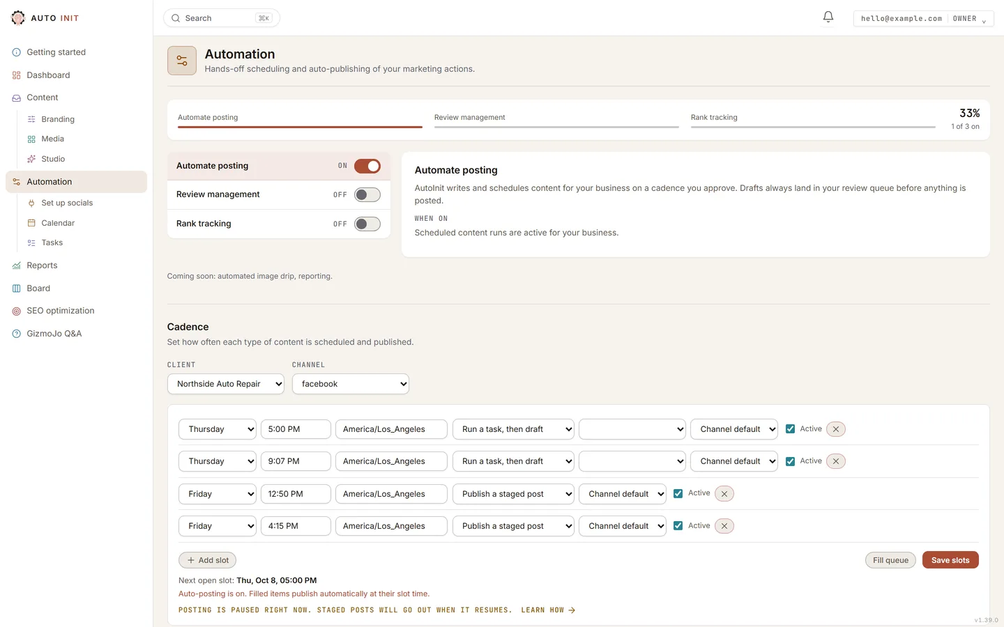 The Automation page: automation toggle, publish slots, connections, and engine status.
