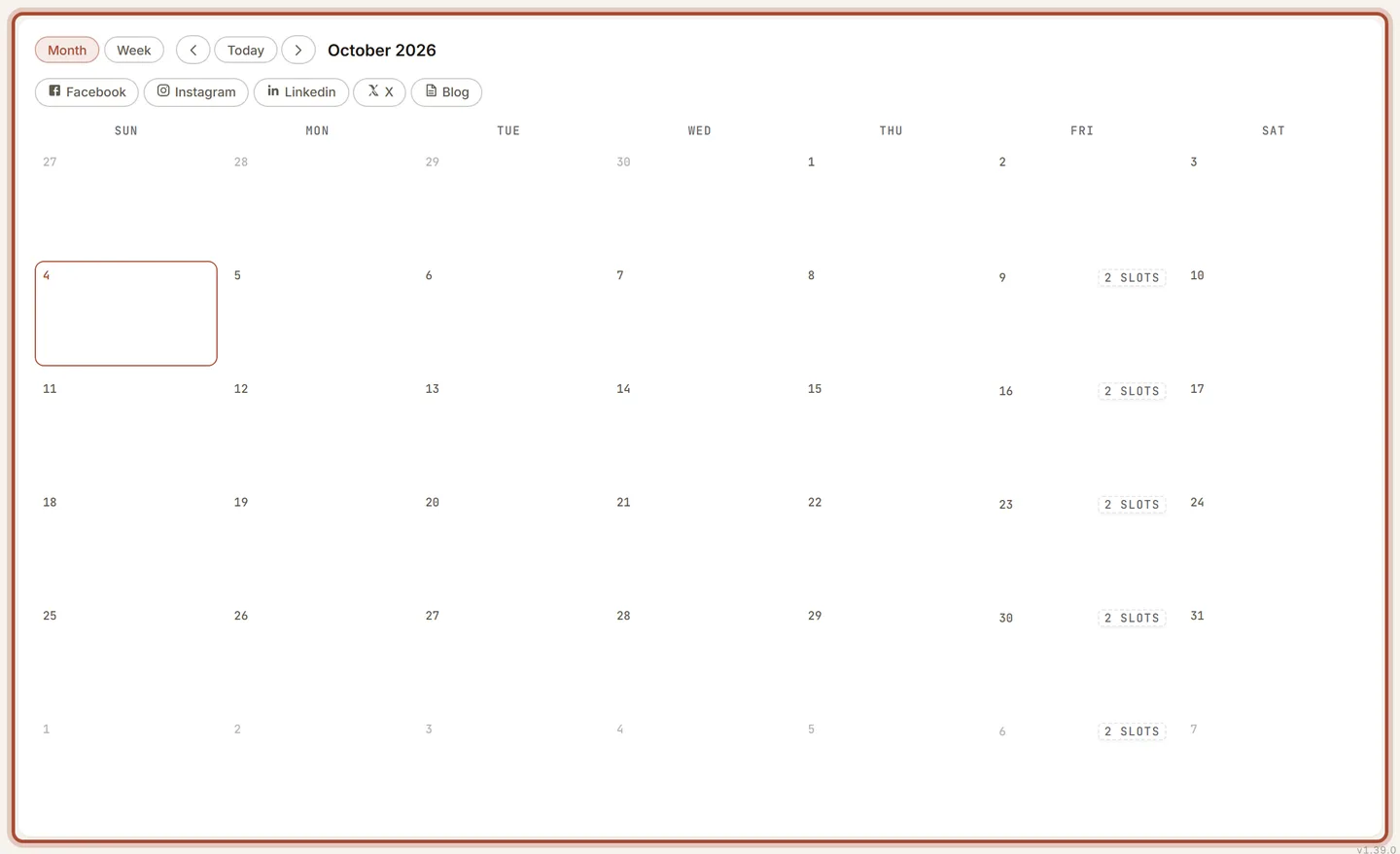 The Calendar: every post on its day, and drag one to move it.