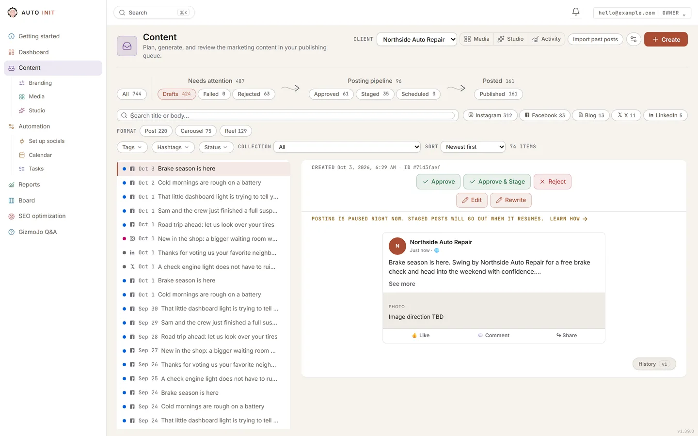 The Content studio: Review, the three tiles and the Create button.