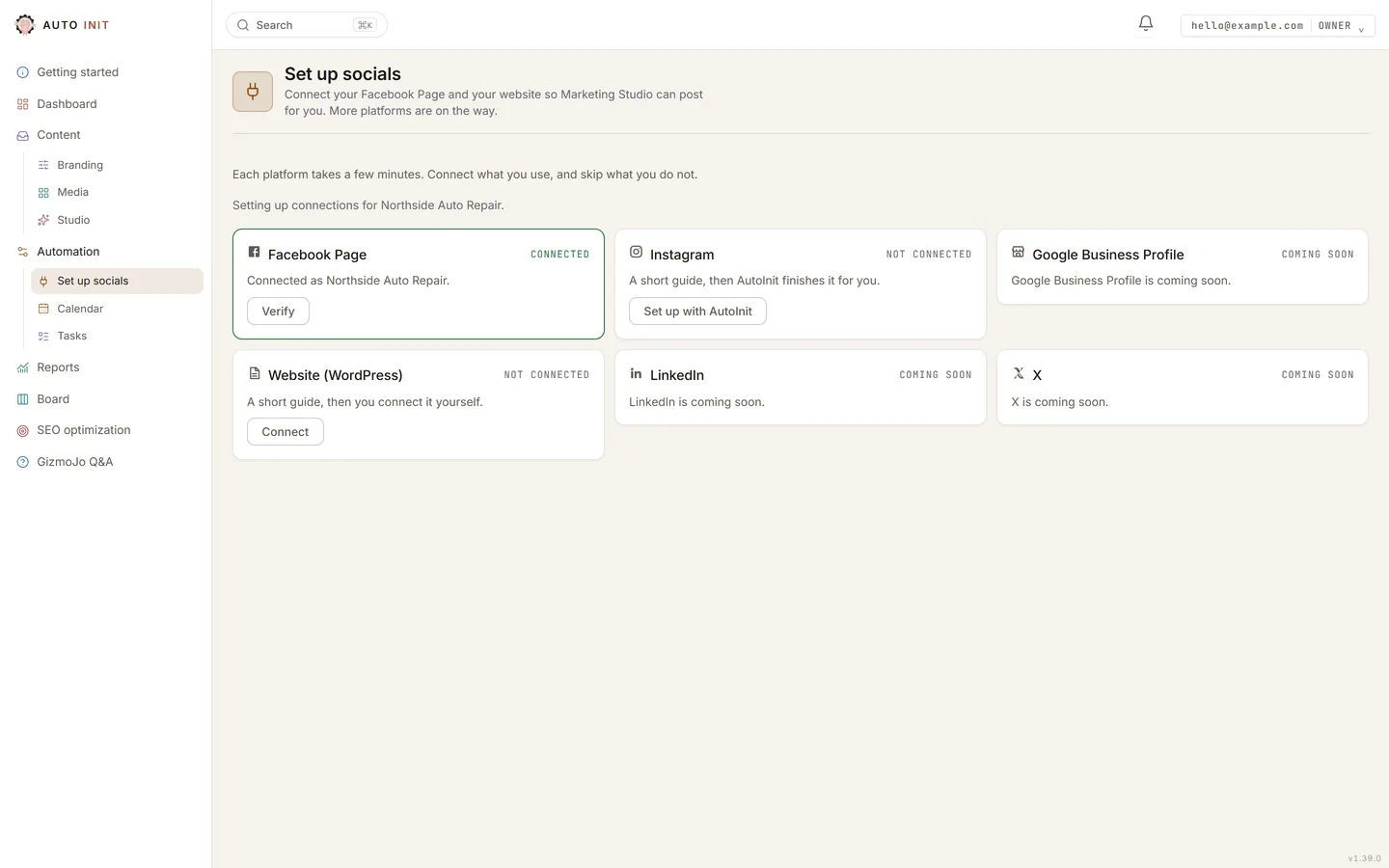 Set up socials: one card per platform, each saying where it stands.