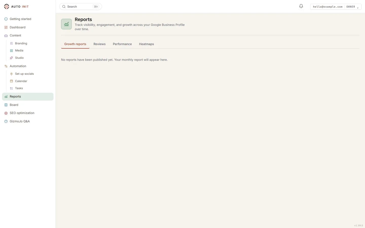 Reports: your monthly growth report lands here, with Reviews, Performance and Heatmaps beside it.