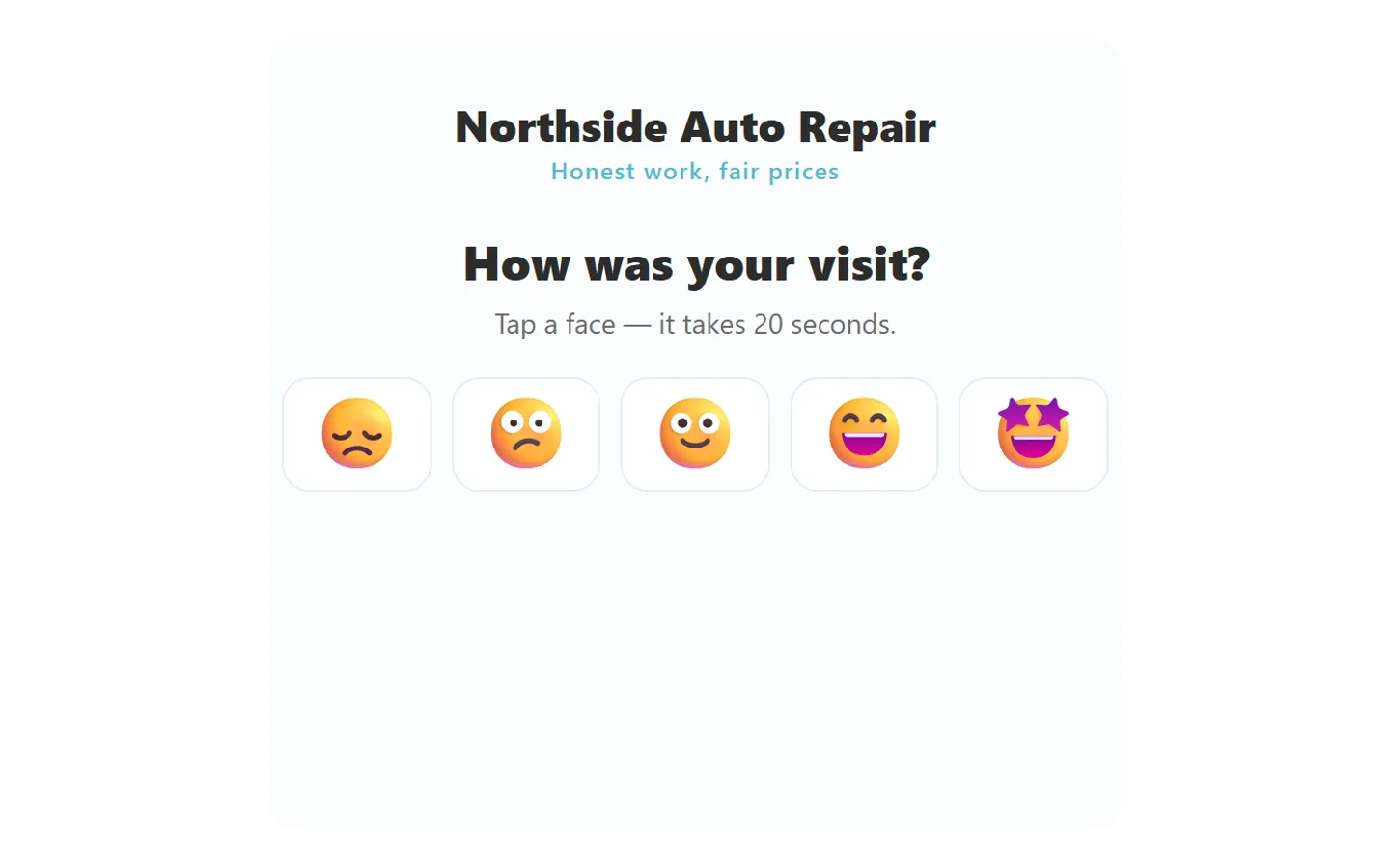 The review funnel page a customer sees after scanning the QR code