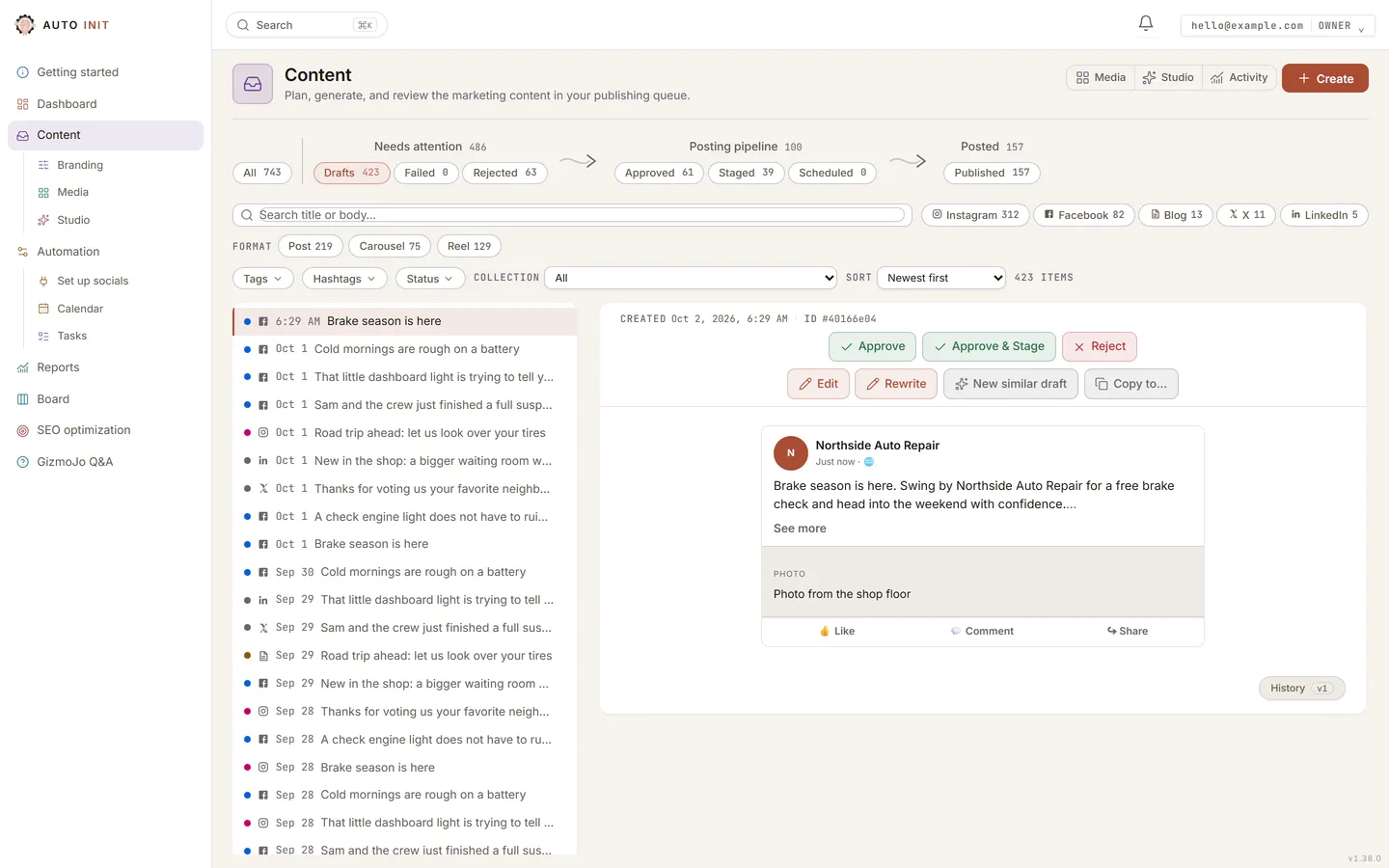 The Review inbox with the week of drafts, each waiting for approval